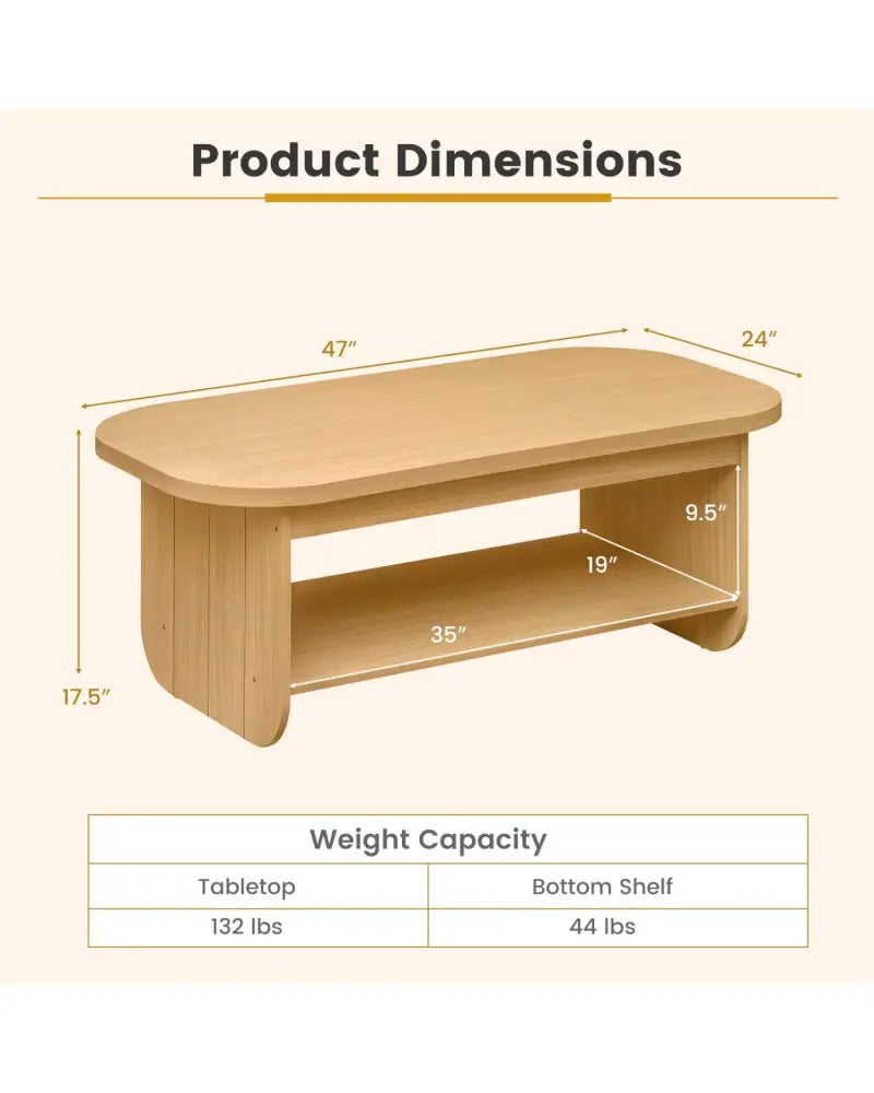 2-Tier Oval Coffee Table for Living Room Mid Century Center Table with Bottom Storage Shelf-Natural - Natural - Coffee