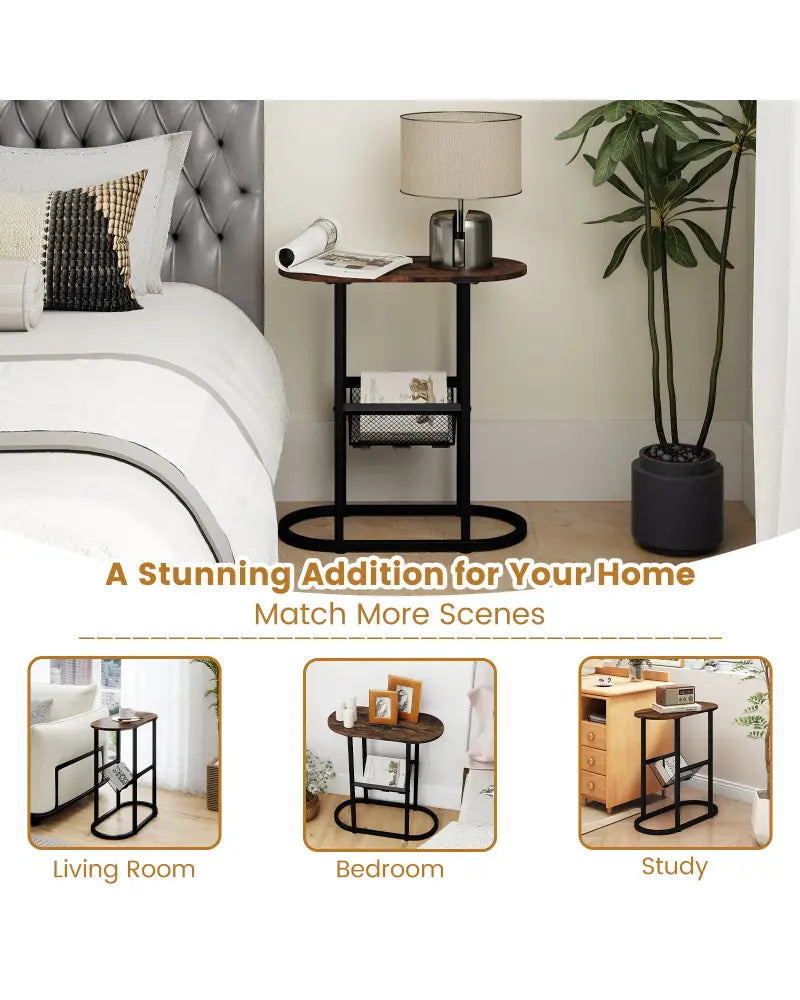 2-Tier Oval Narrow Bedside End Table-Rustic Brown - Rustic Brown - End & Side Tables