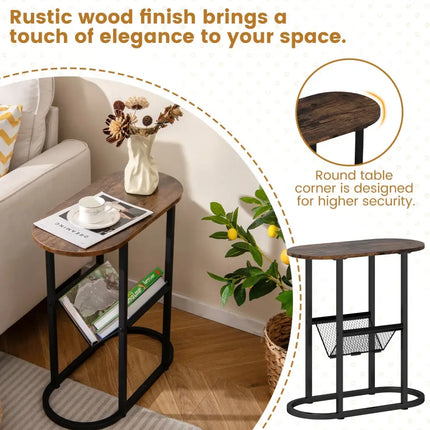 2-Tier Oval Narrow Bedside End Table-Rustic Brown Costway