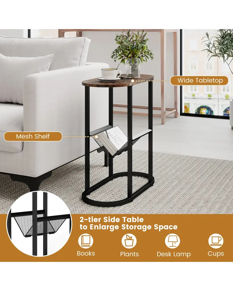 2-Tier Oval Narrow Bedside End Table-Rustic Brown - Rustic Brown - End & Side Tables