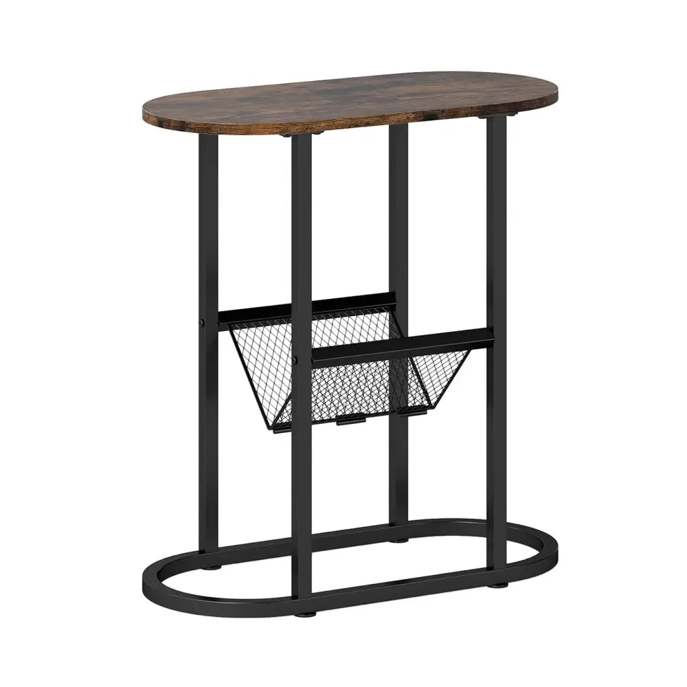 2-Tier Oval Narrow Bedside End Table-Rustic Brown Costway