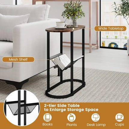2-Tier Oval Narrow Bedside End Table-Rustic Brown Costway