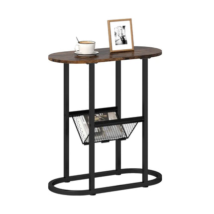 2-Tier Oval Narrow Bedside End Table-Rustic Brown Costway