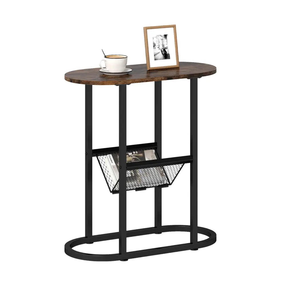 2-Tier Oval Narrow Bedside End Table-Rustic Brown Costway