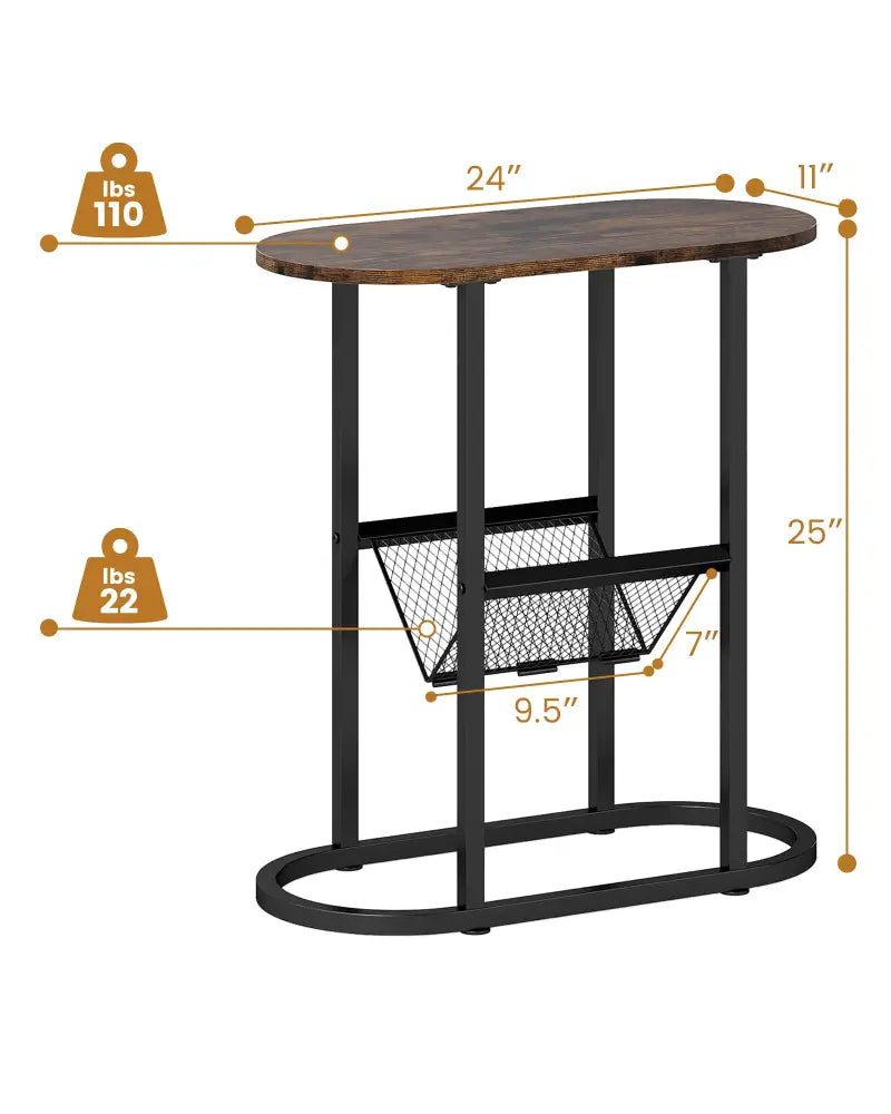 2-Tier Oval Narrow Bedside End Table-Rustic Brown - Rustic Brown - End & Side Tables