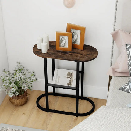 2-Tier Oval Narrow Bedside End Table-Rustic Brown Costway