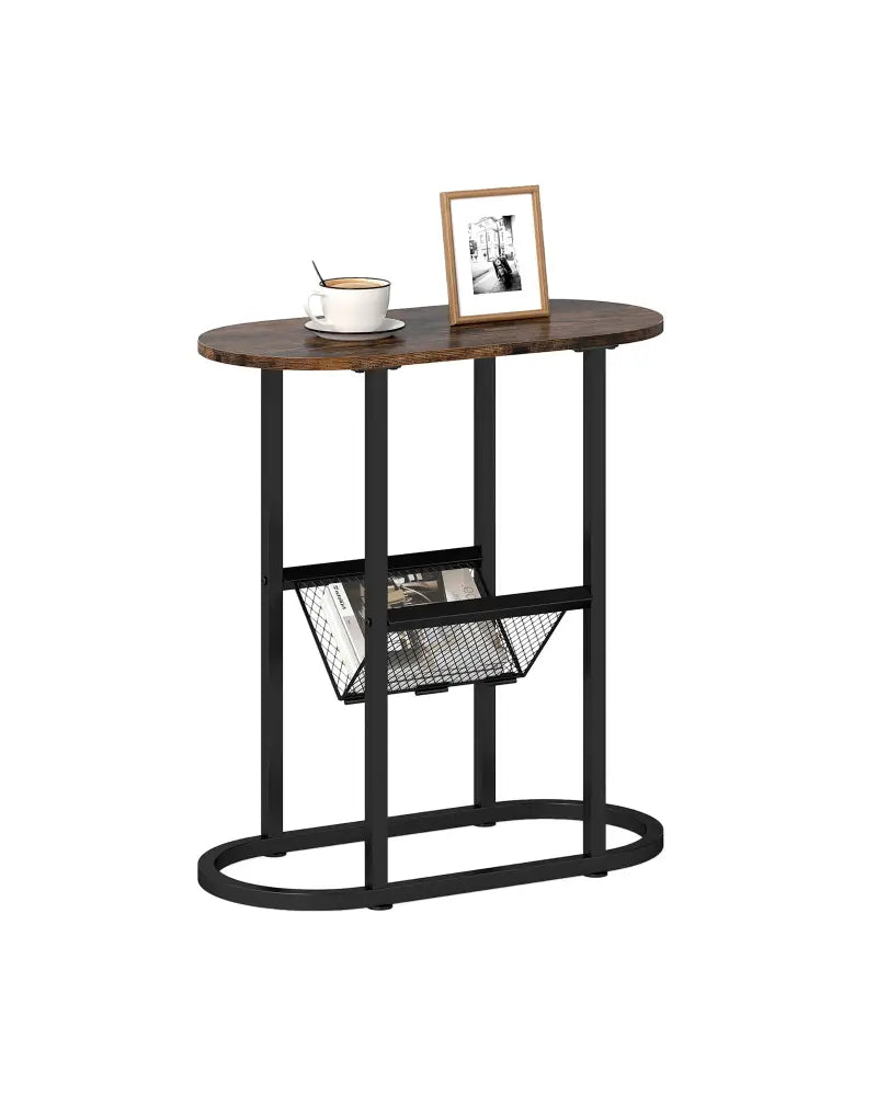 2-Tier Oval Narrow Bedside End Table-Rustic Brown - Rustic Brown - End & Side Tables