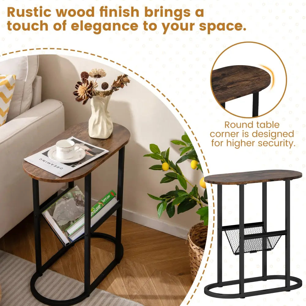 2-Tier Oval Narrow Bedside End Table-Rustic Brown - Rustic Brown - End & Side Tables