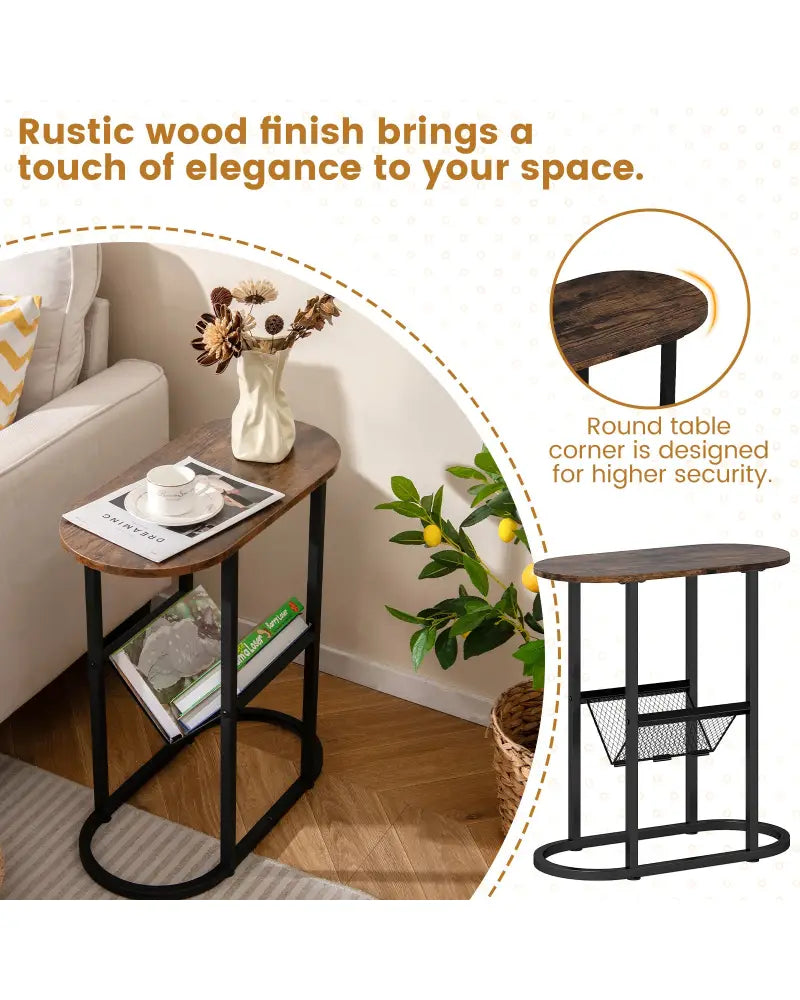 2-Tier Oval Narrow Bedside End Table-Rustic Brown - Rustic Brown - End & Side Tables