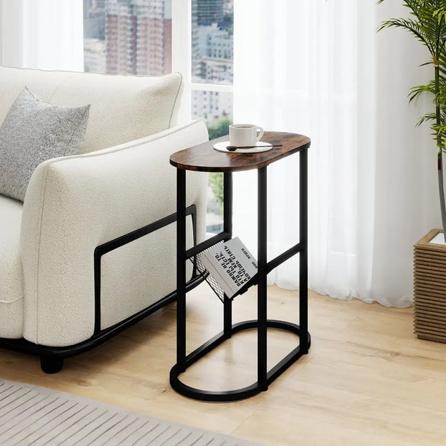2-Tier Oval Narrow Bedside End Table-Rustic Brown Costway