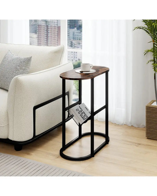 2-Tier Oval Narrow Bedside End Table-Rustic Brown - Rustic Brown - End & Side Tables
