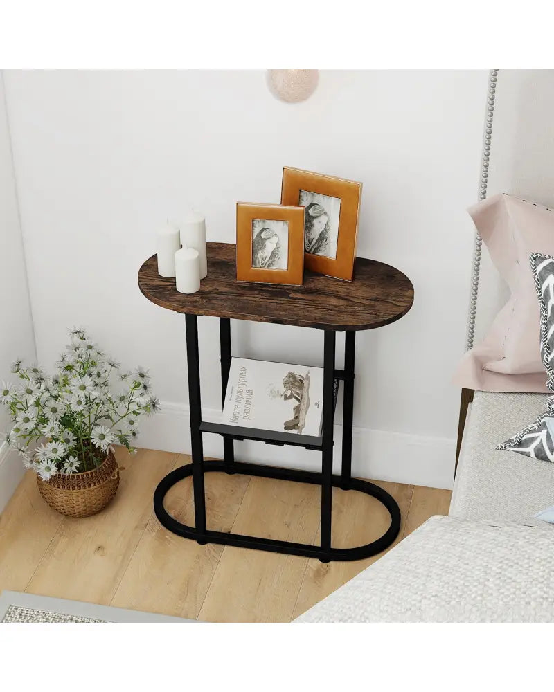 2-Tier Oval Narrow Bedside End Table-Rustic Brown - Rustic Brown - End & Side Tables