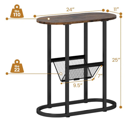 2-Tier Oval Narrow Bedside End Table-Rustic Brown Costway