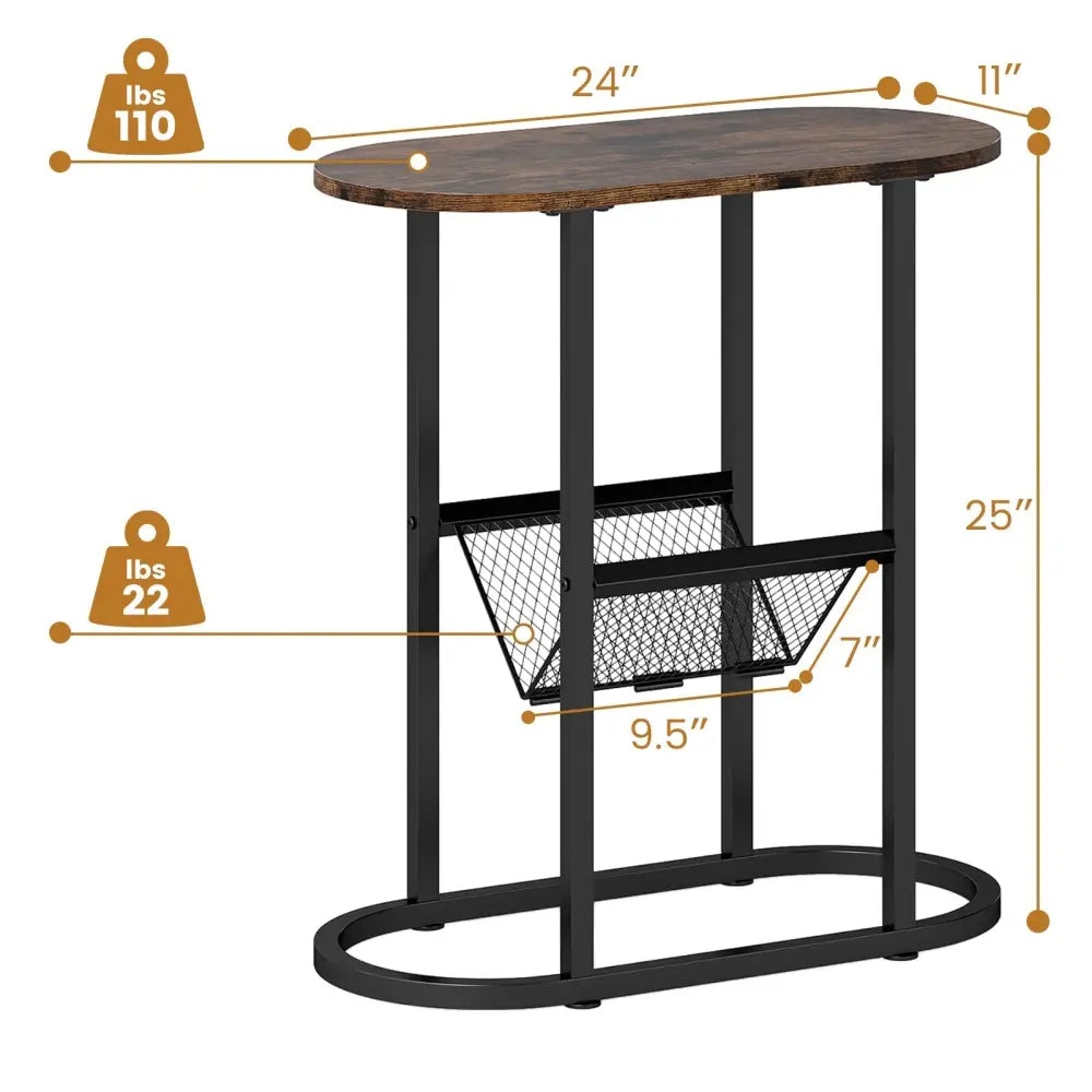 2-Tier Oval Narrow Bedside End Table-Rustic Brown Costway