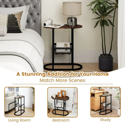 2-Tier Oval Narrow Bedside End Table-Rustic Brown Costway