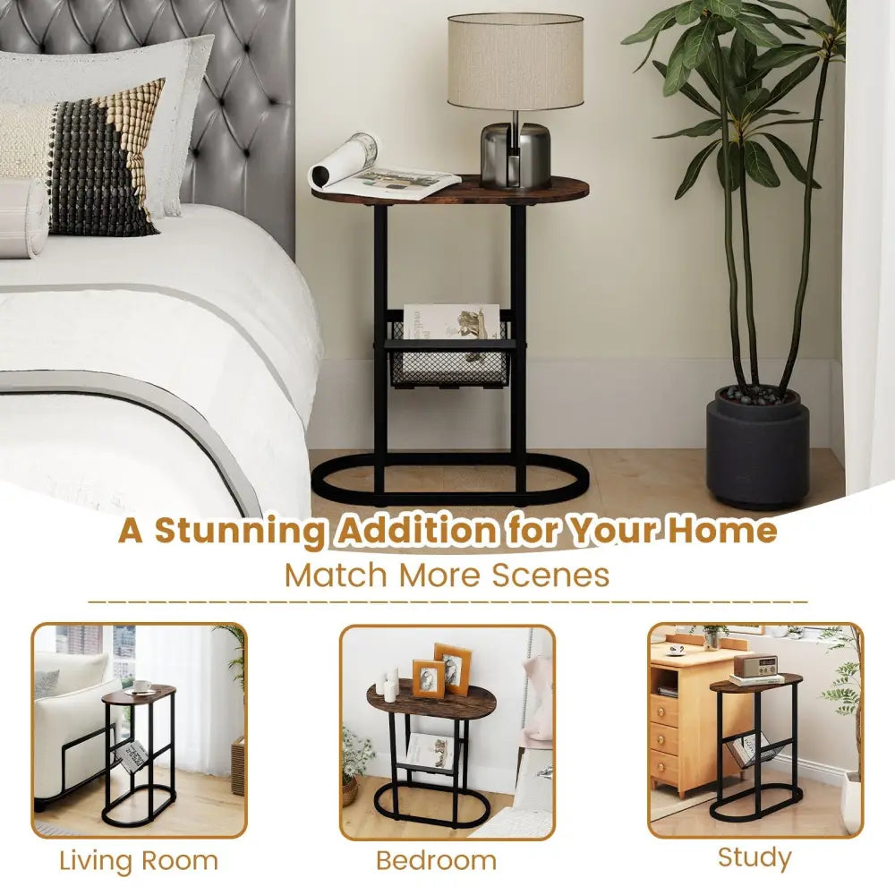 2-Tier Oval Narrow Bedside End Table-Rustic Brown Costway