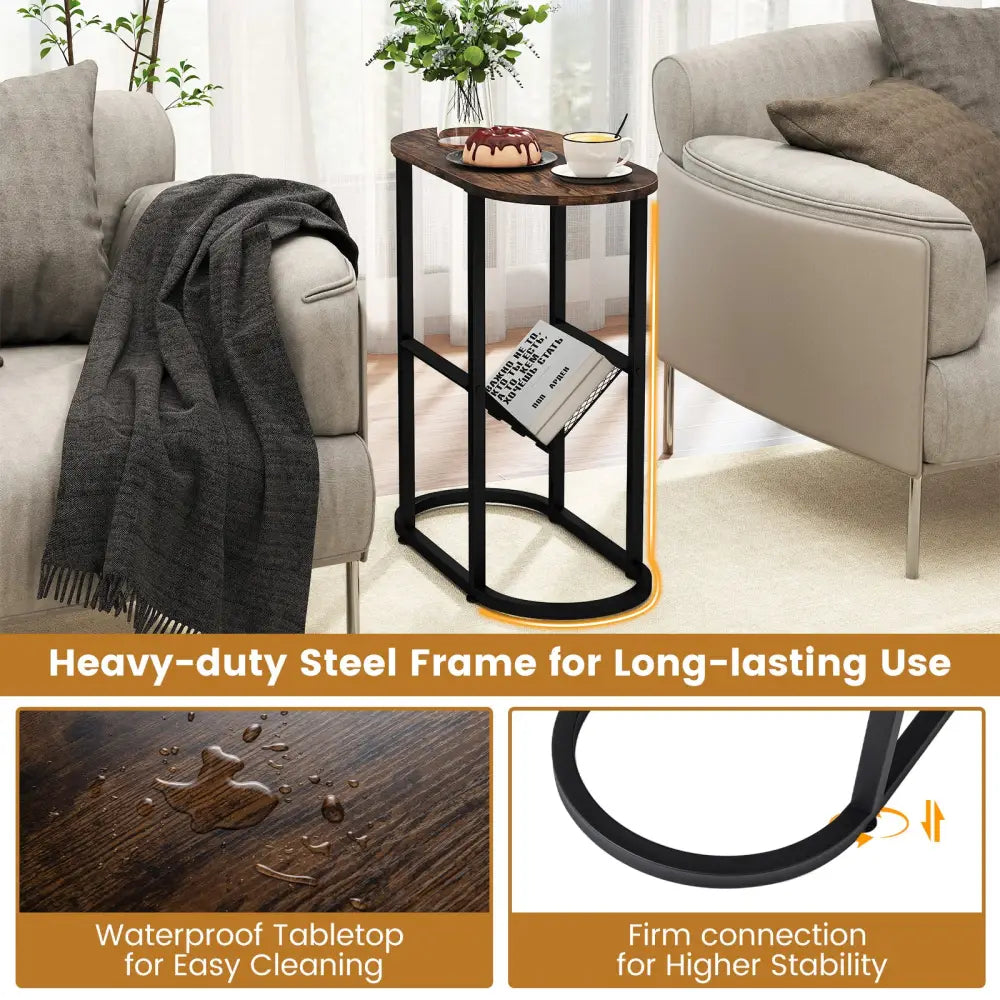 2-Tier Oval Narrow Bedside End Table-Rustic Brown Costway