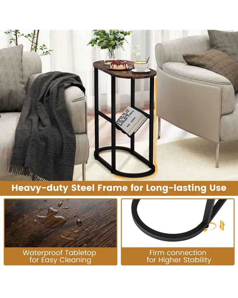 2-Tier Oval Narrow Bedside End Table-Rustic Brown - Rustic Brown - End & Side Tables