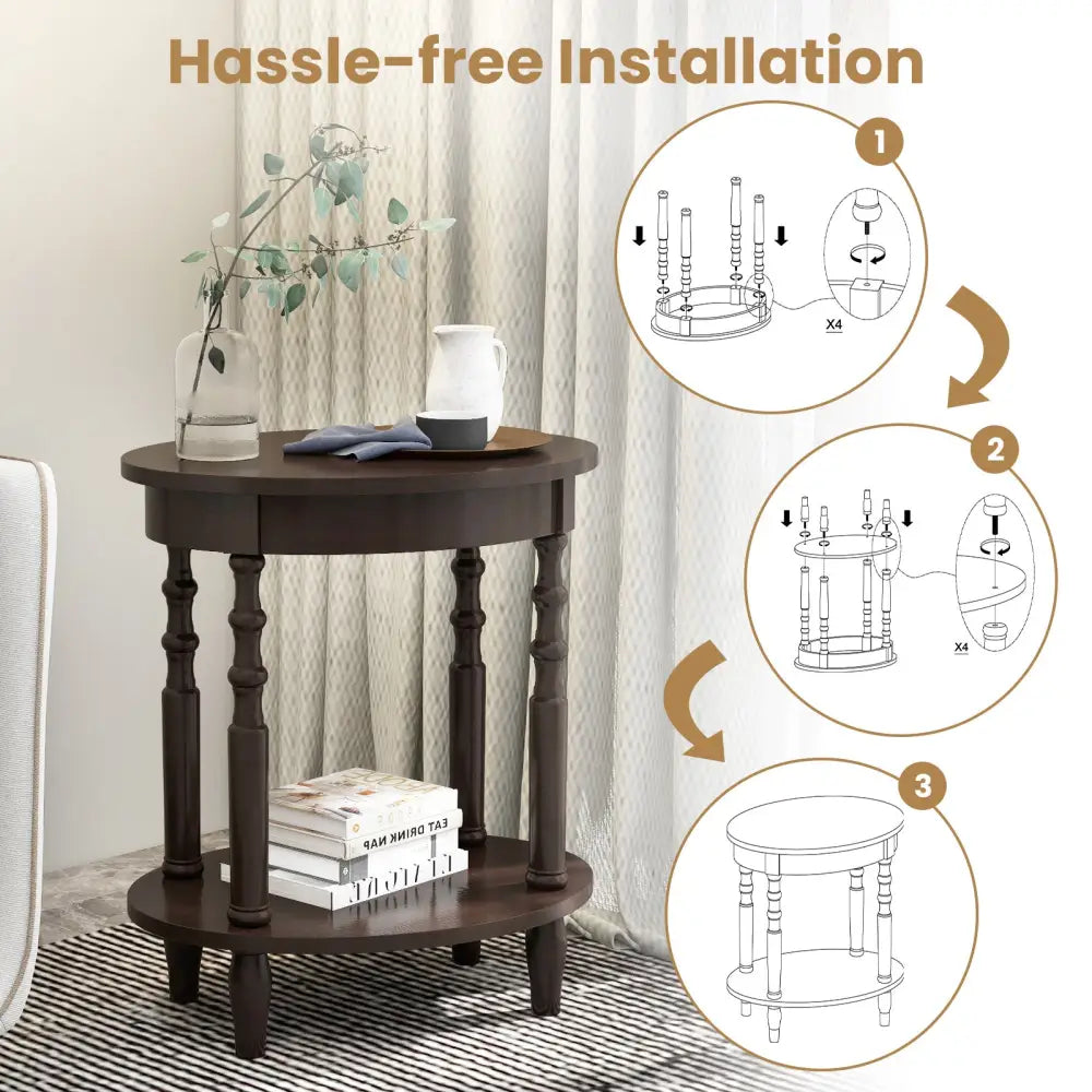 2-Tier Oval Side Table with Storage Shelf and Solid Wood Legs-Espresso - Espresso - End & Side Tables