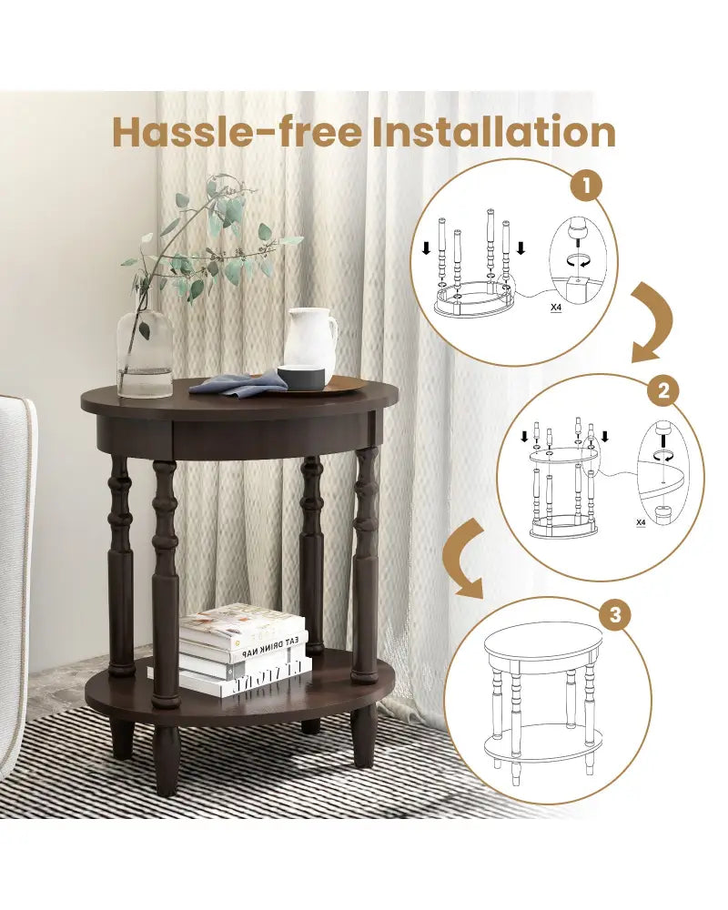 2-Tier Oval Side Table with Storage Shelf and Solid Wood Legs-Espresso - Espresso - End & Side Tables