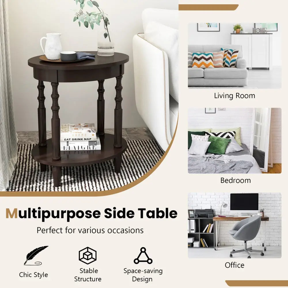 2-Tier Oval Side Table with Storage Shelf and Solid Wood Legs-Espresso - Espresso - End & Side Tables
