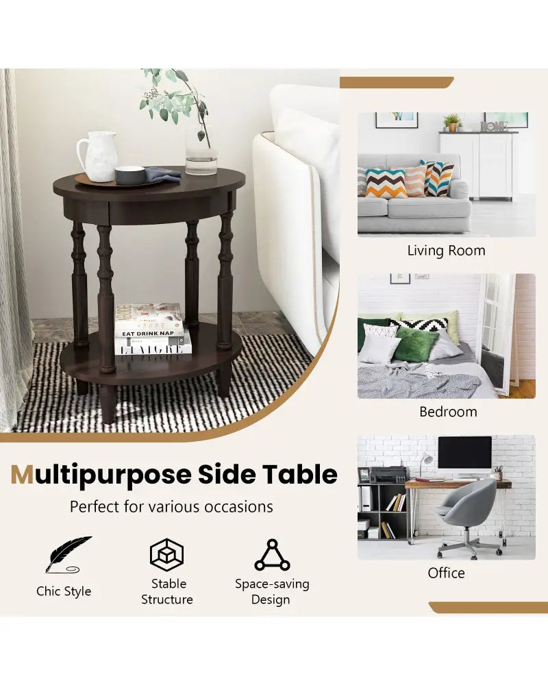 2-Tier Oval Side Table with Storage Shelf and Solid Wood Legs-Espresso - Espresso - End & Side Tables
