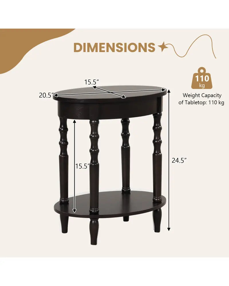 2-Tier Oval Side Table with Storage Shelf and Solid Wood Legs-Espresso - Espresso - End & Side Tables