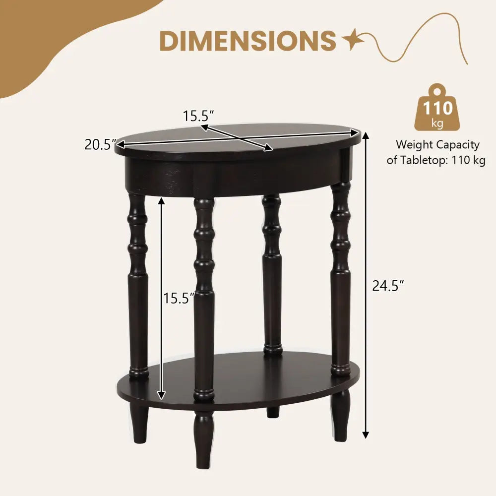 2-Tier Oval Side Table with Storage Shelf and Solid Wood Legs-Espresso - Espresso - End & Side Tables