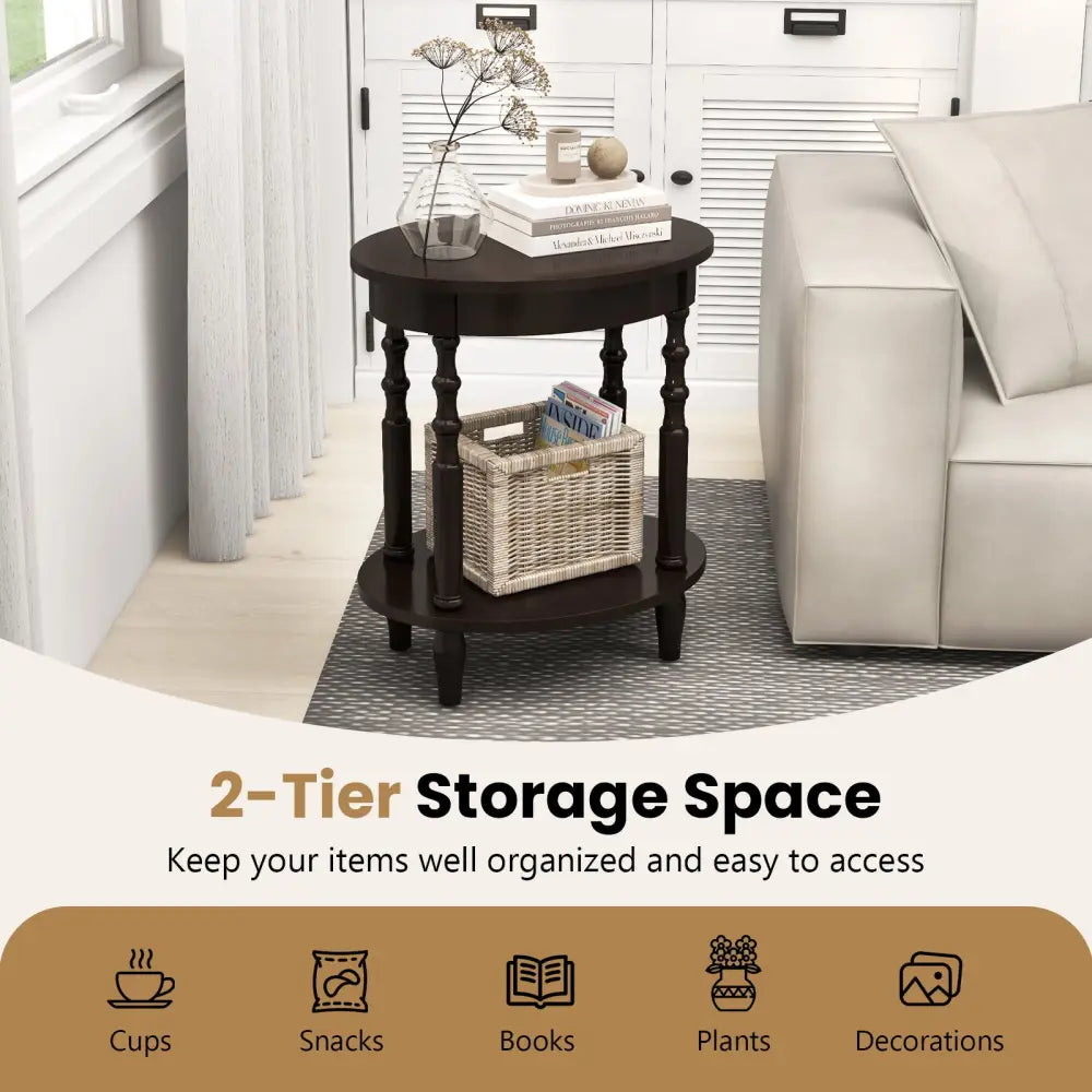 2-Tier Oval Side Table with Storage Shelf and Solid Wood Legs-Espresso - Espresso - End & Side Tables