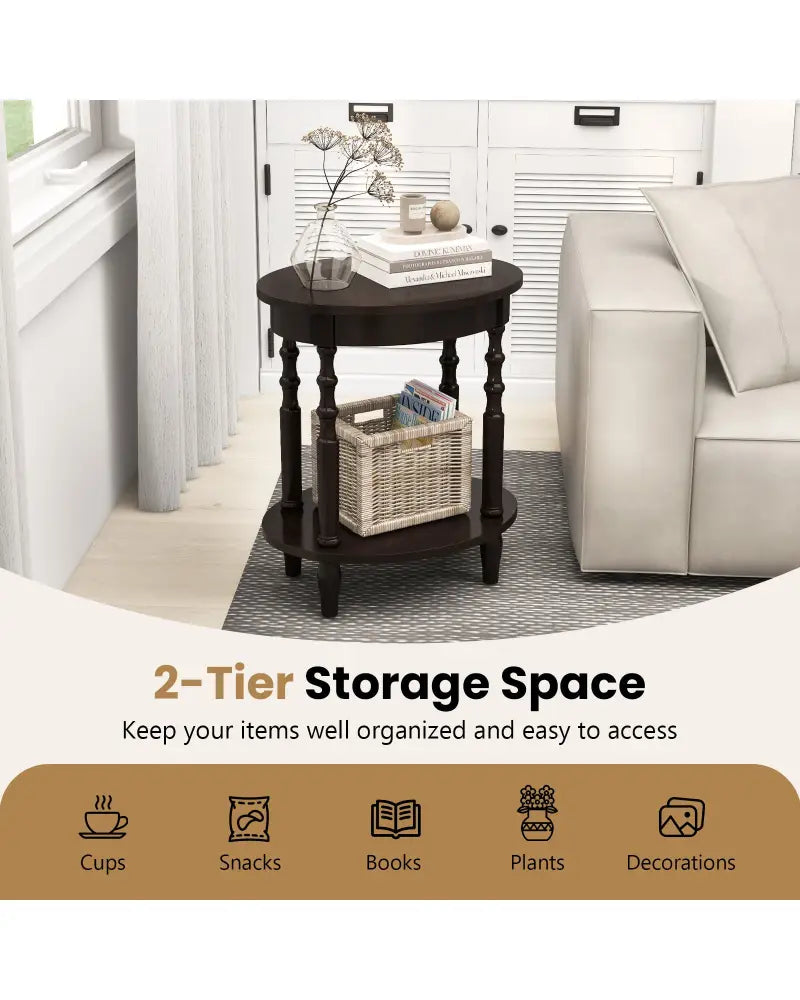2-Tier Oval Side Table with Storage Shelf and Solid Wood Legs-Espresso - Espresso - End & Side Tables