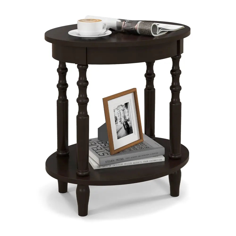2-Tier Oval Side Table with Storage Shelf and Solid Wood Legs-Espresso - Espresso - End & Side Tables