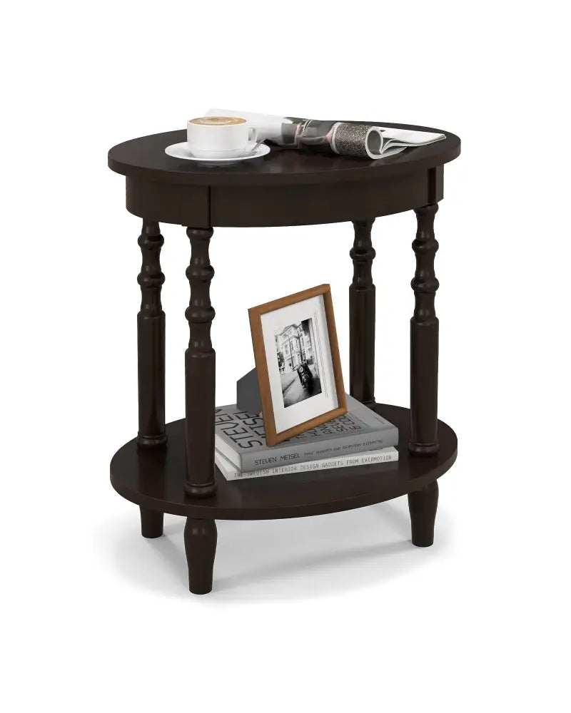 2-Tier Oval Side Table with Storage Shelf and Solid Wood Legs-Espresso - Espresso - End & Side Tables