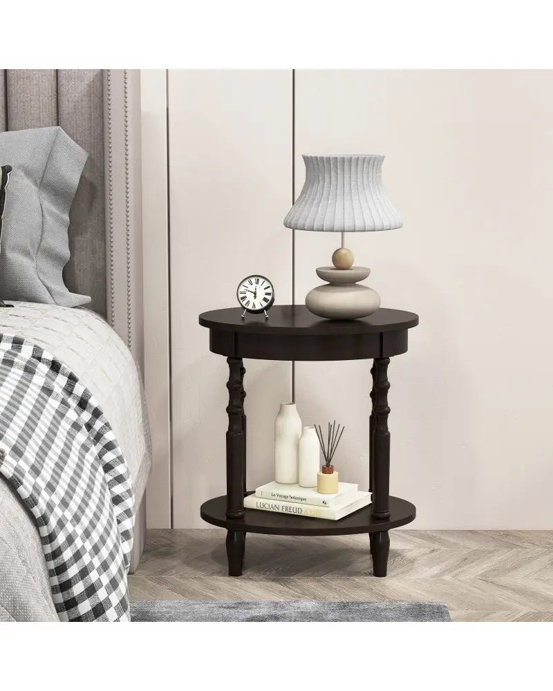 2-Tier Oval Side Table with Storage Shelf and Solid Wood Legs-Espresso - Espresso - End & Side Tables
