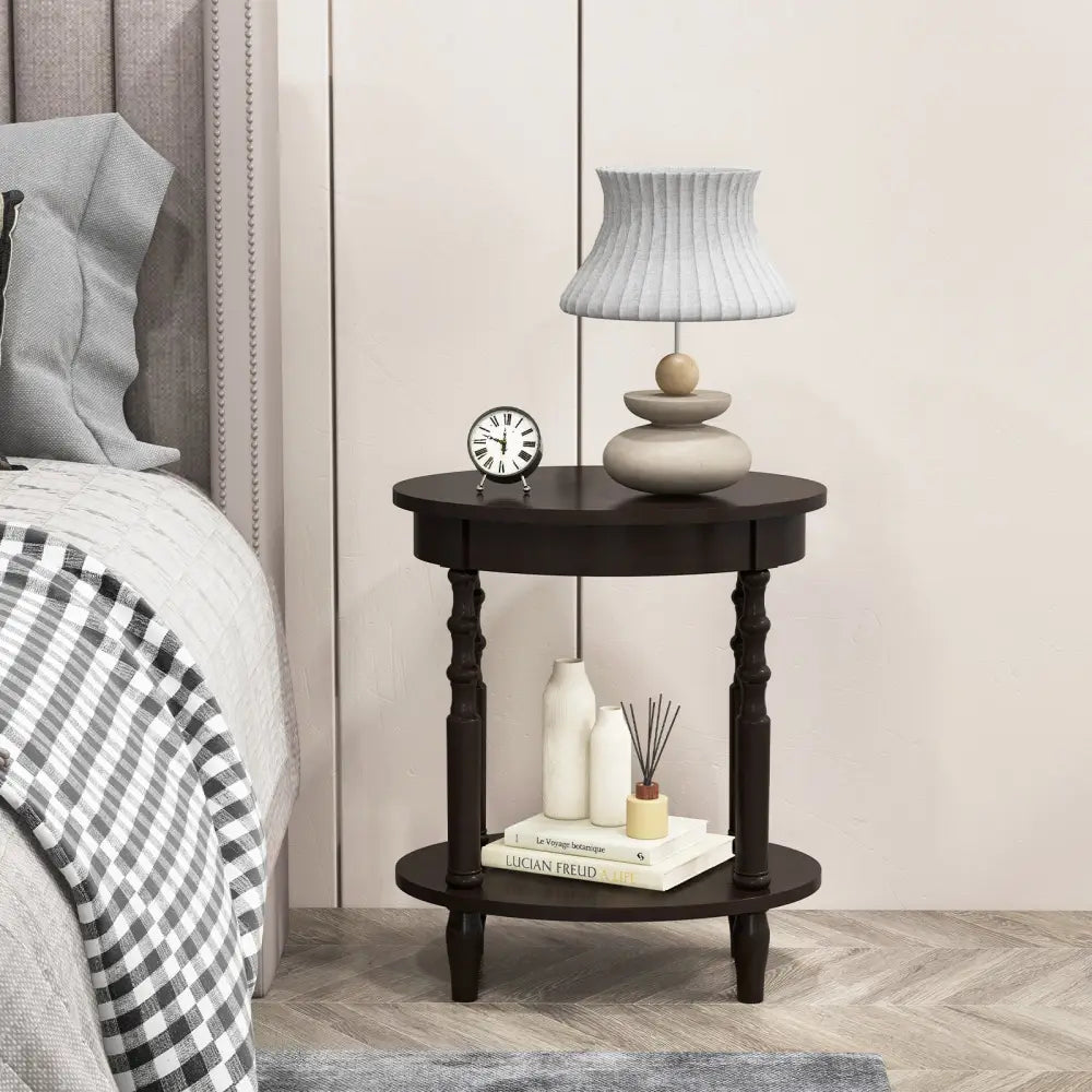 2-Tier Oval Side Table with Storage Shelf and Solid Wood Legs-Espresso - Espresso - End & Side Tables