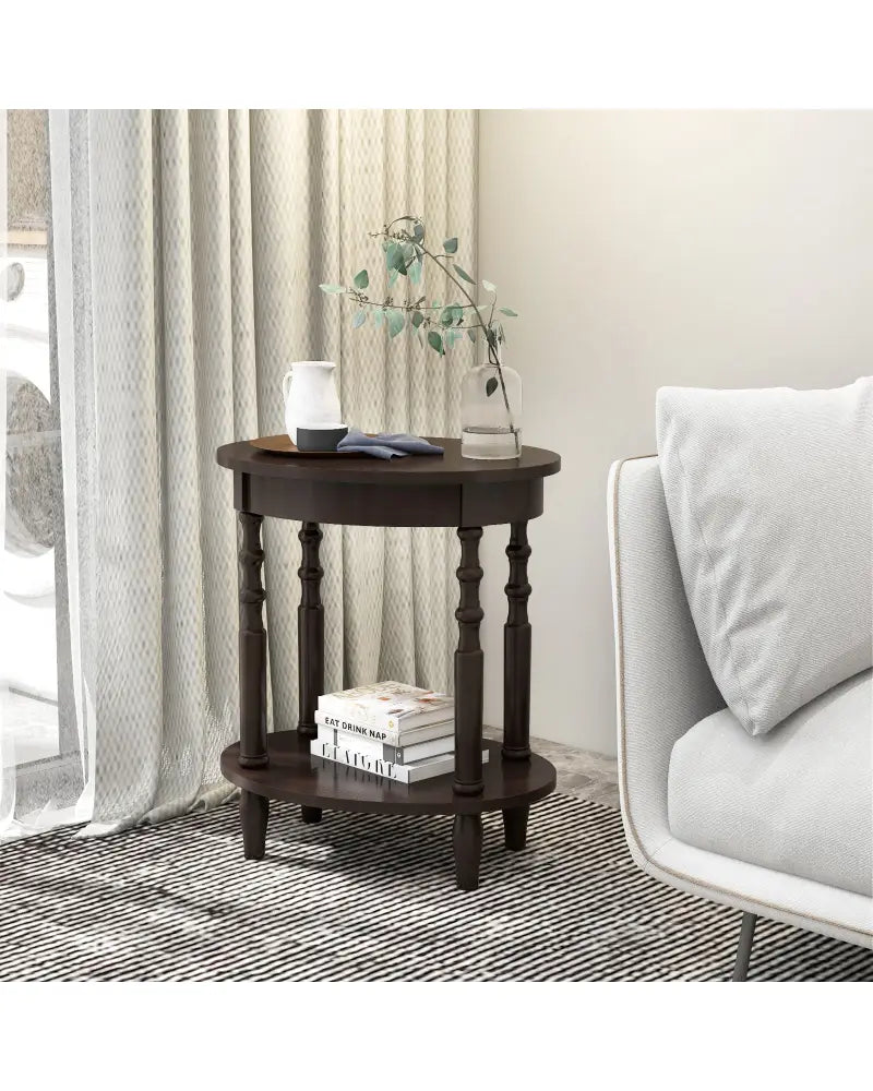 2-Tier Oval Side Table with Storage Shelf and Solid Wood Legs-Espresso - Espresso - End & Side Tables