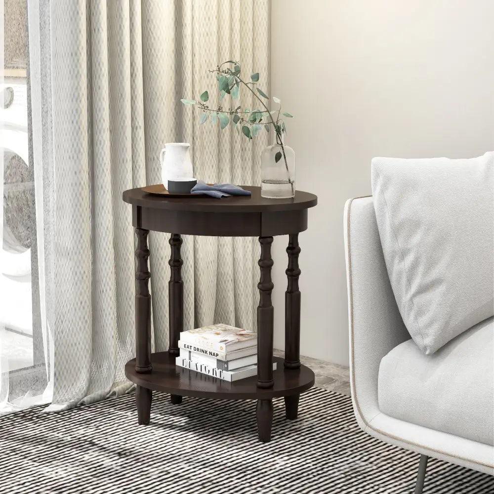 2-Tier Oval Side Table with Storage Shelf and Solid Wood Legs-Espresso - Espresso - End & Side Tables