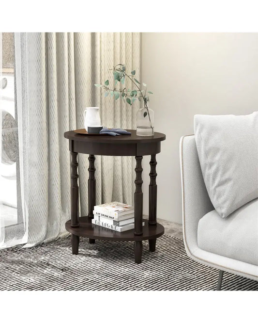 2-Tier Oval Side Table with Storage Shelf and Solid Wood Legs-Espresso - Espresso - End & Side Tables