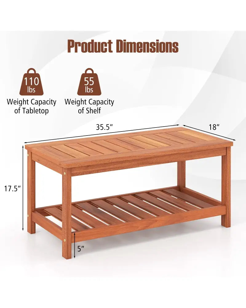 2-Tier Patio Coffee Table with Slatted Tabletop and Shelf - Natural - Patio Coffee Tables