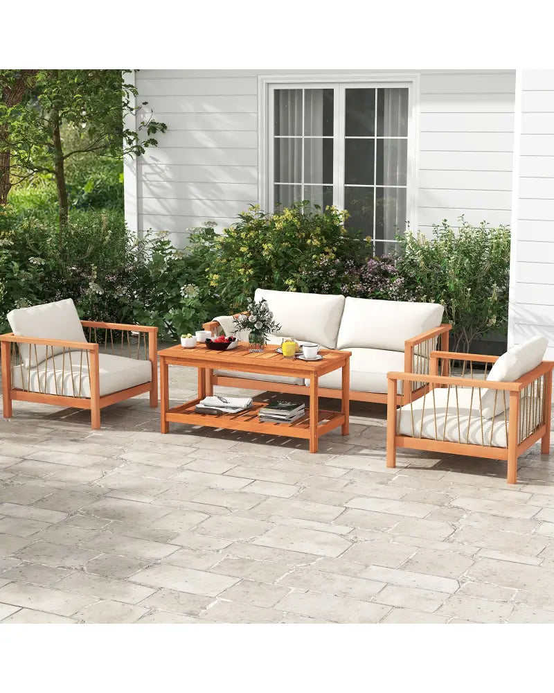 2-Tier Patio Coffee Table with Slatted Tabletop and Shelf - Natural - Patio Coffee Tables