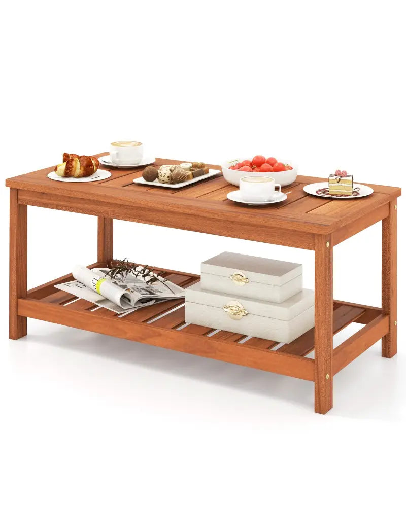 2-Tier Patio Coffee Table with Slatted Tabletop and Shelf - Natural - Patio Coffee Tables