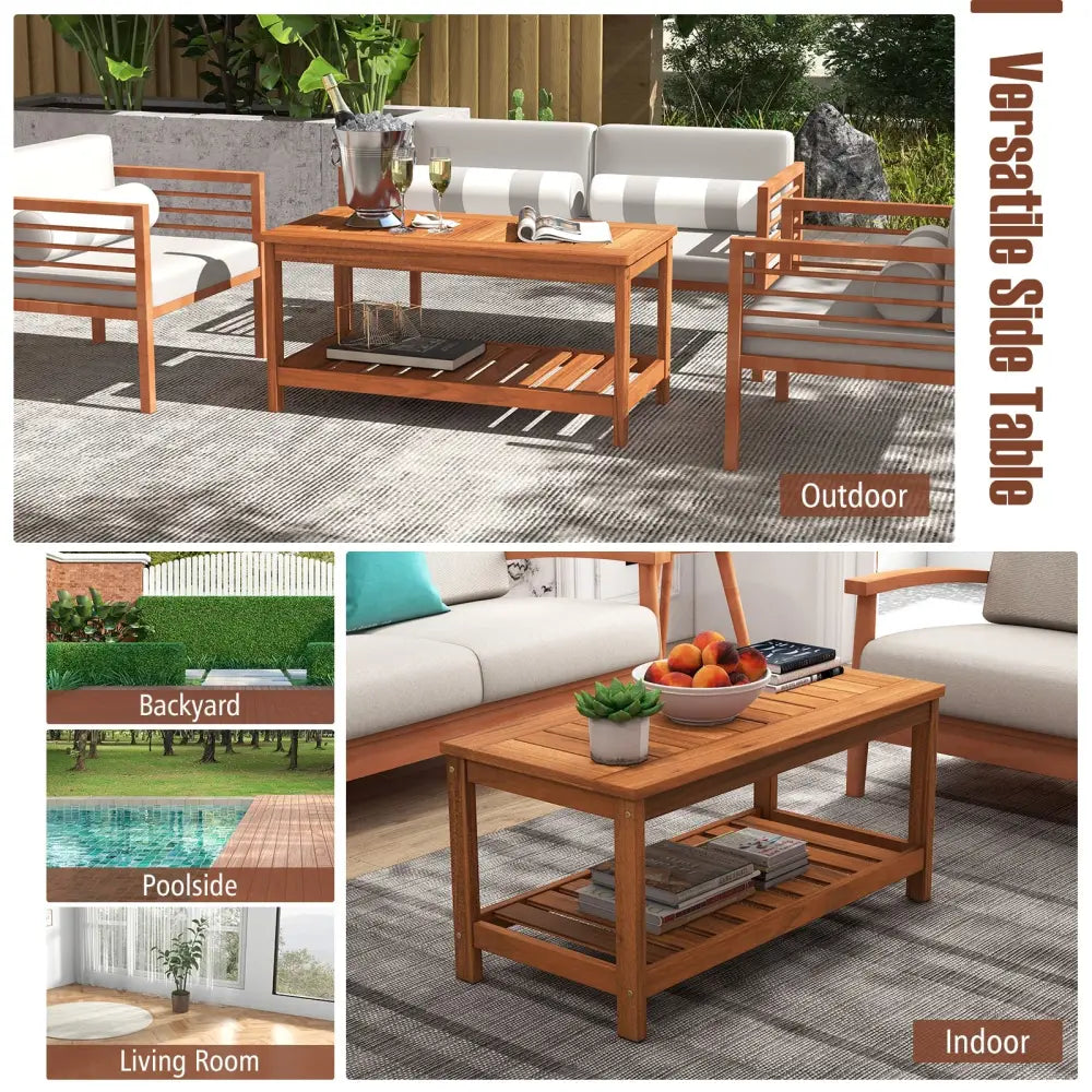 2-Tier Patio Coffee Table with Slatted Tabletop and Shelf - Natural - Patio Coffee Tables