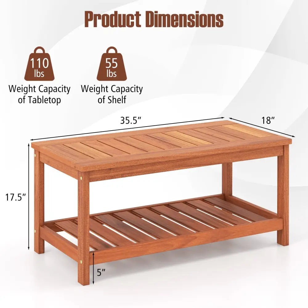 2-Tier Patio Coffee Table with Slatted Tabletop and Shelf - Natural - Patio Coffee Tables