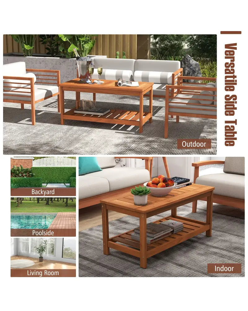 2-Tier Patio Coffee Table with Slatted Tabletop and Shelf - Natural - Patio Coffee Tables