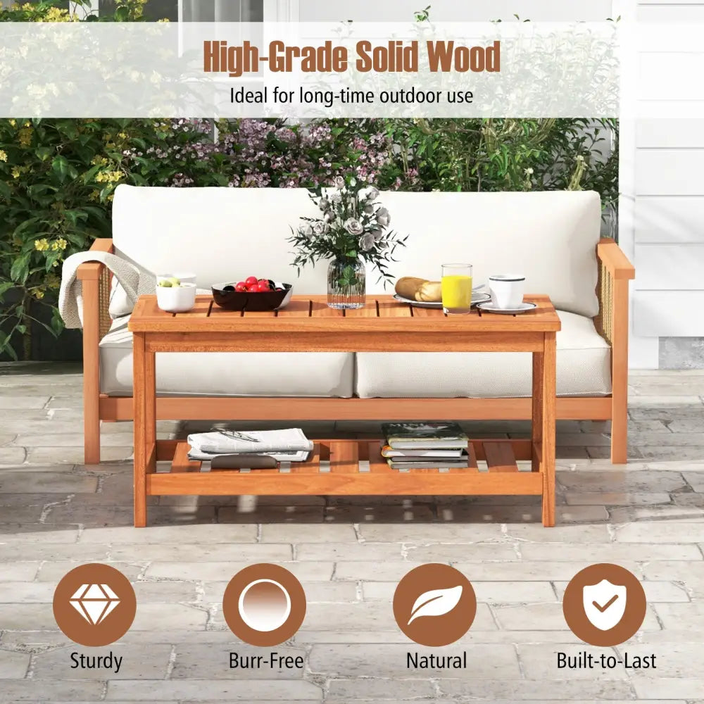 2-Tier Patio Coffee Table with Slatted Tabletop and Shelf - Natural - Patio Coffee Tables