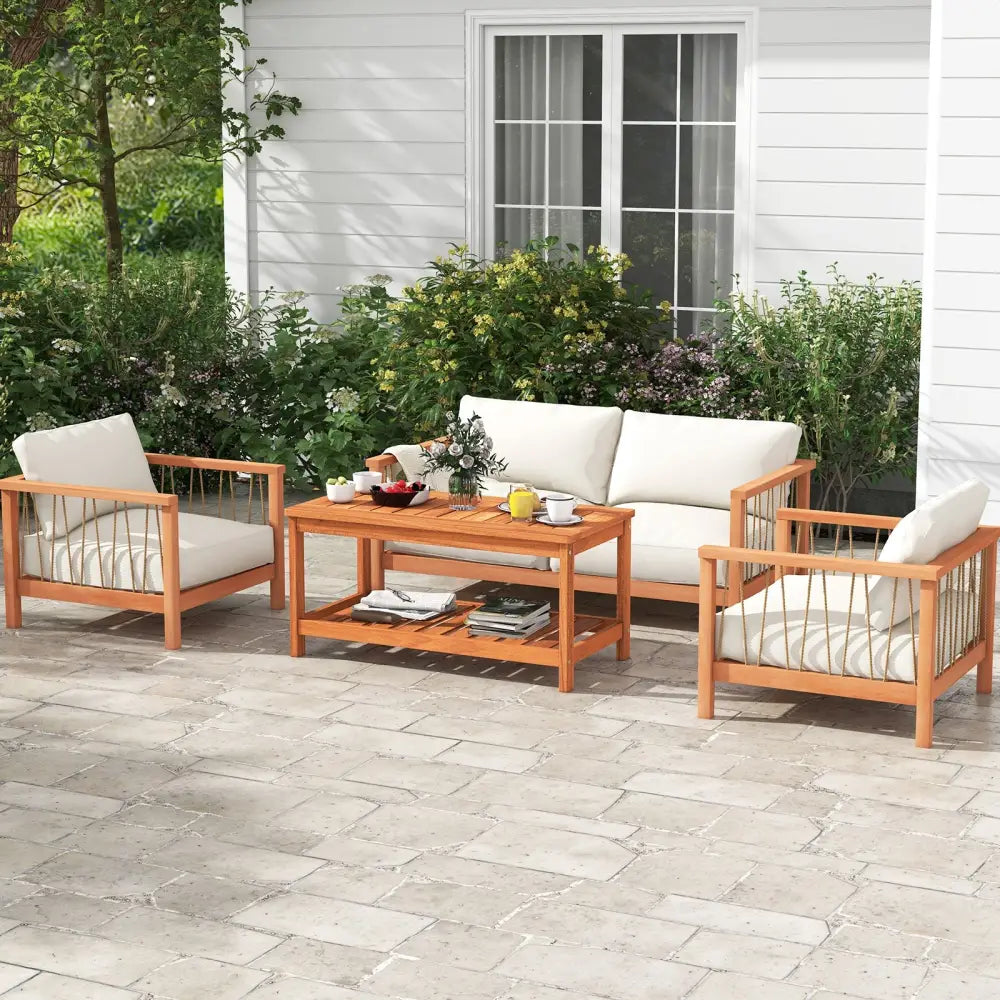 2-Tier Patio Coffee Table with Slatted Tabletop and Shelf - Natural - Patio Coffee Tables