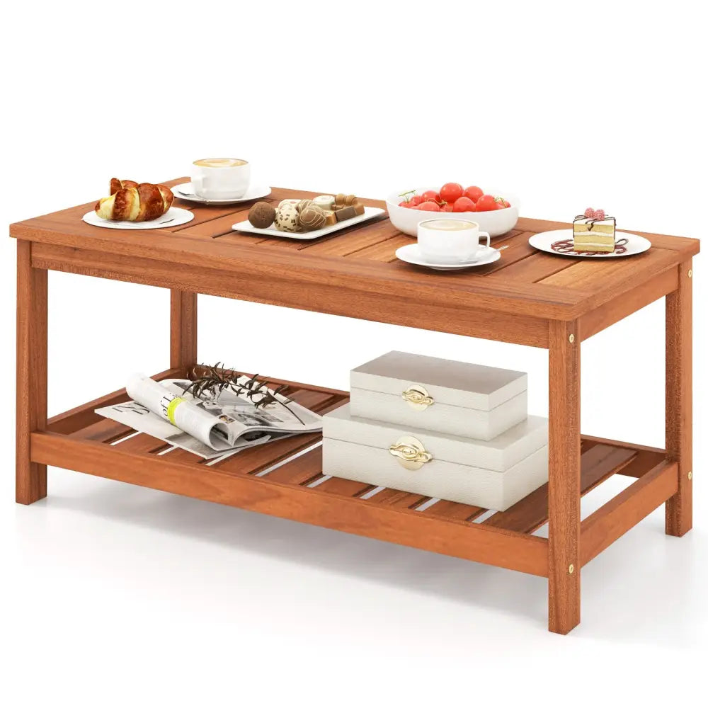 2-Tier Patio Coffee Table with Slatted Tabletop and Shelf - Natural - Patio Coffee Tables