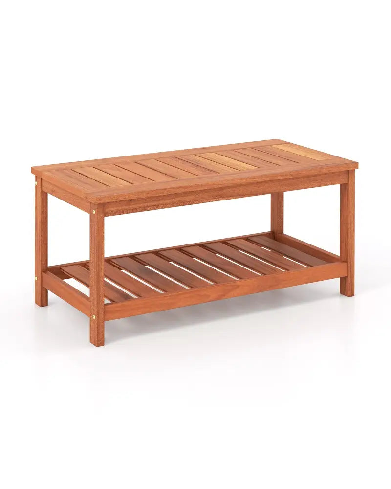2-Tier Patio Coffee Table with Slatted Tabletop and Shelf - Natural - Patio Coffee Tables