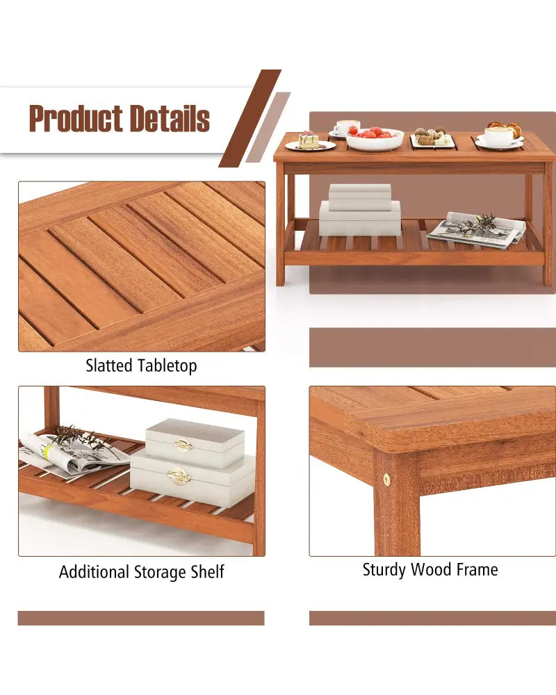 2-Tier Patio Coffee Table with Slatted Tabletop and Shelf - Natural - Patio Coffee Tables