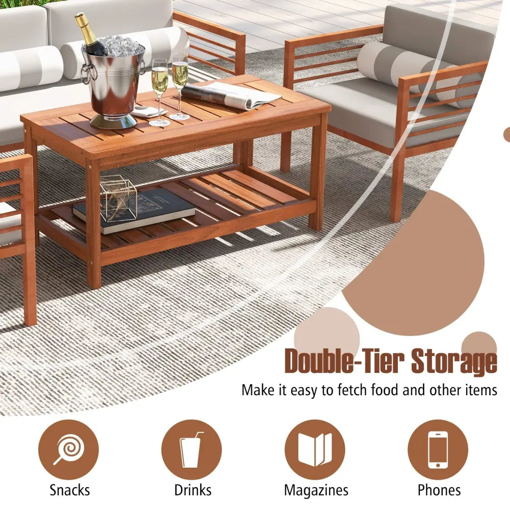 2-Tier Patio Coffee Table with Slatted Tabletop and Shelf - Natural - Patio Coffee Tables