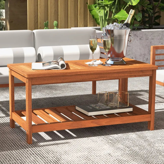 2-Tier Patio Coffee Table with Slatted Tabletop and Shelf - Natural - Patio Coffee Tables